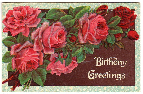 Old Vintage Birthday Postcard Pink and Red Roses Starburst Border - Avid Vintage