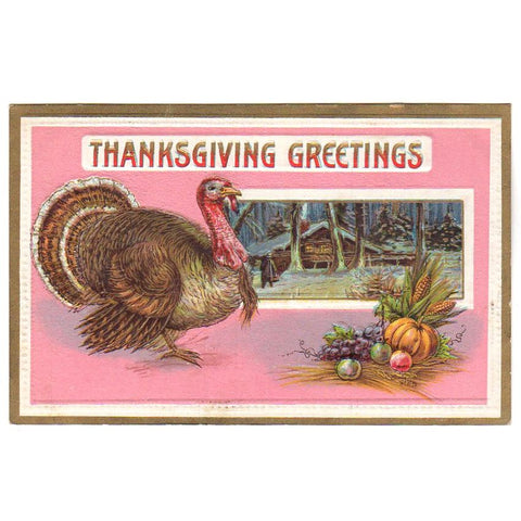 Old Vintage Thanksgiving Greetings Embossed Postcard Turkey Harvest Winter Scene - Avid Vintage