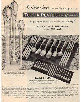 Vintage Oneida Tudor Plate Together Pattern Magazine Print Ad 1956 Flatware Advertisement - Avid Vintage