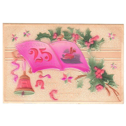 Open Book Bells and Holly Antique Embossed Merry Christmas Postcard - Avid Vintage