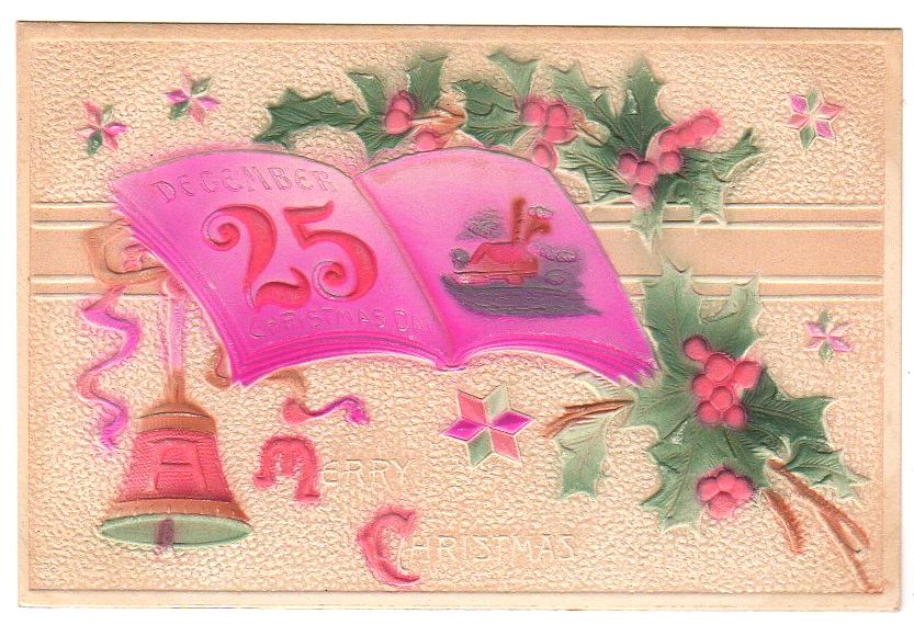 Open Book Bells and Holly Antique Embossed Merry Christmas Postcard - Avid Vintage