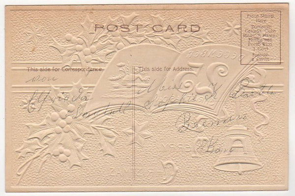 Open Book Bells and Holly Antique Embossed Merry Christmas Postcard - Avid Vintage