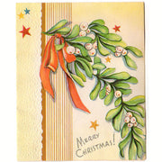 Vintage 1940s Embossed Christmas Card Stars Orange Ribbon and Mistletoe - Avid Vintage