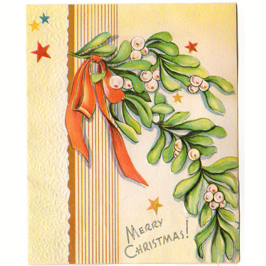 Vintage 1940s Embossed Christmas Card Stars Orange Ribbon and Mistletoe - Avid Vintage