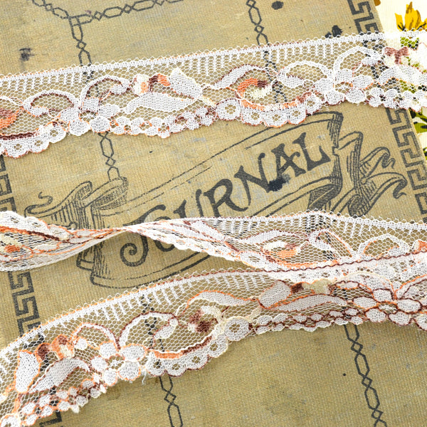 Beige, Orange and Brown Floral Lace Trim 2 Yards