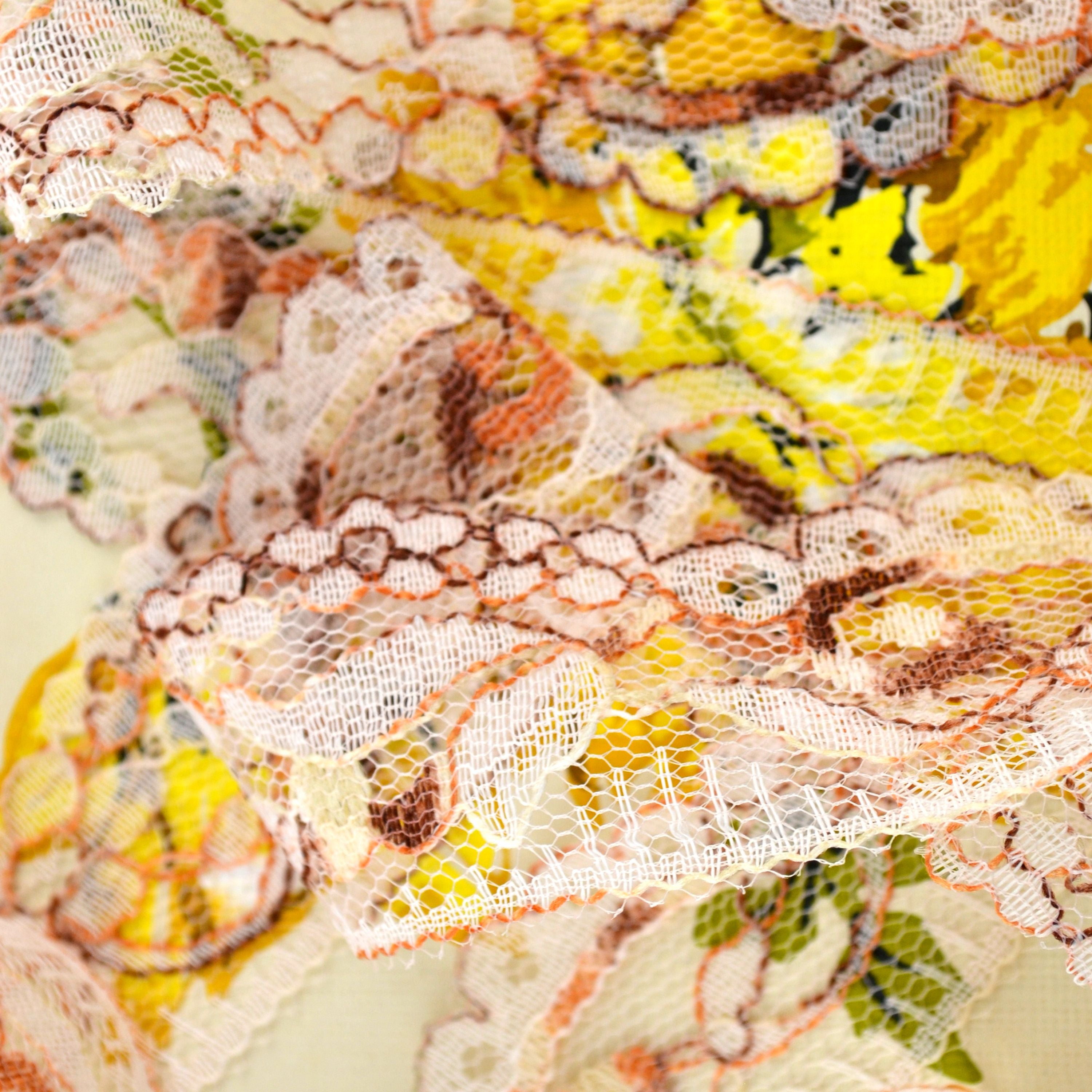 Beige, Orange and Brown Floral Lace Trim 2 Yards
