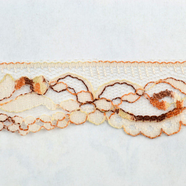 Beige, Orange and Brown Floral Lace Trim 2 Yards