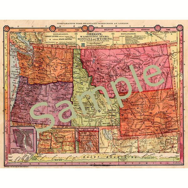 Antique Printable Digital 1885 Map of Oregon, Washington, Idaho, Montana, and Wyoming - Avid Vintage