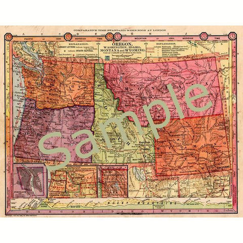 Antique Printable Digital 1885 Map of Oregon, Washington, Idaho, Montana, and Wyoming - Avid Vintage