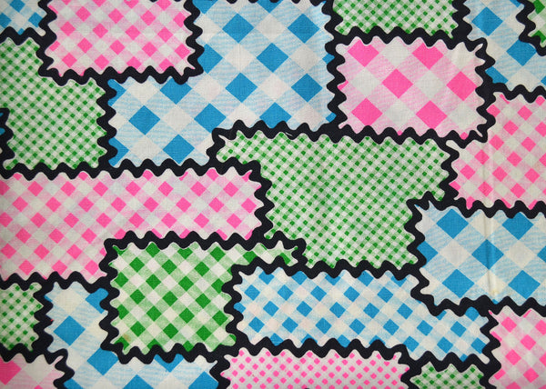 Vintage Patchwork Fabric Pink Polka Dots Black Ric Rac Blue and Green Checks Cotton Print 2 yards - Avid Vintage