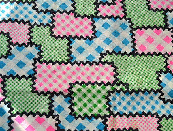 Vintage Patchwork Fabric Pink Polka Dots Black Ric Rac Blue and Green Checks Cotton Print 2 yards - Avid Vintage