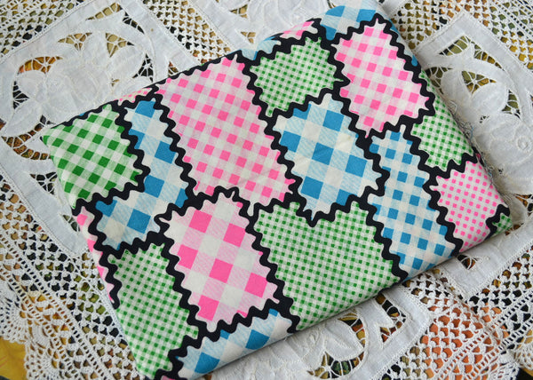 Vintage Patchwork Fabric Pink Polka Dots Black Ric Rac Blue and Green Checks Cotton Print 2 yards - Avid Vintage