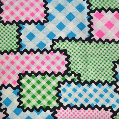 Vintage Patchwork Fabric Pink Polka Dots Black Ric Rac Blue and Green Checks Cotton Print 2 yards - Avid Vintage
