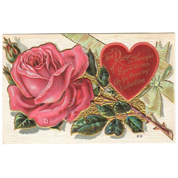 Pink Rose Red Heart Green Ribbon Antique Valentine Postcard Embossed Unused - Avid Vintage
