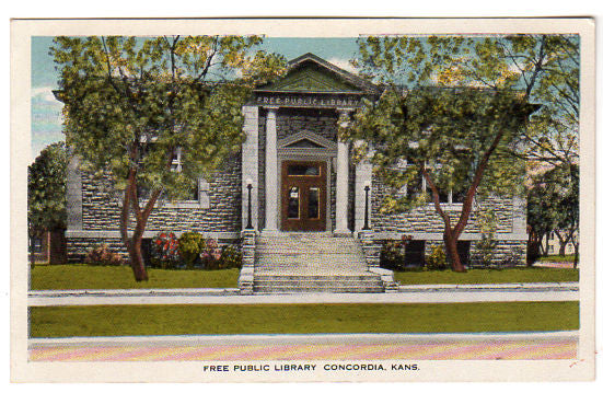 Vintage 1910s Concordia Kansas Postcard Free Public Library Town View Unused - Avid Vintage