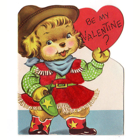 Vintage 1950s Whitman Flocked Valentine Card Cowgirl Puppy in Dress - Avid Vintage