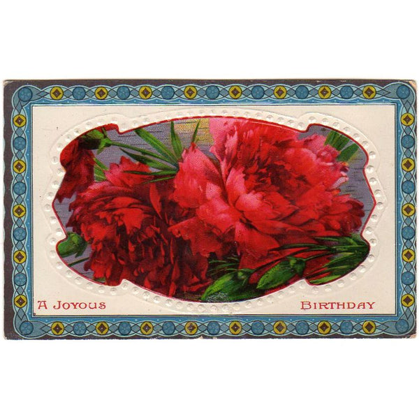 Red Carnations Antique Embossed Joyous Birthday Postcard - Avid Vintage