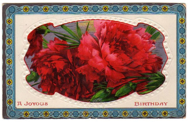 Red Carnations Antique Embossed Joyous Birthday Postcard - Avid Vintage