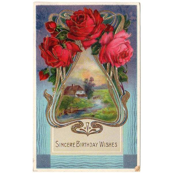 Red Roses Farm Scene Vintage Birthday Wishes Postcard Gold Metallic Germany - Avid Vintage