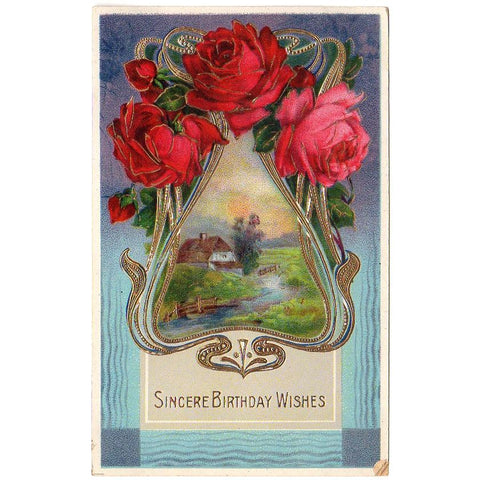 Red Roses Farm Scene Vintage Birthday Wishes Postcard Gold Metallic Germany - Avid Vintage