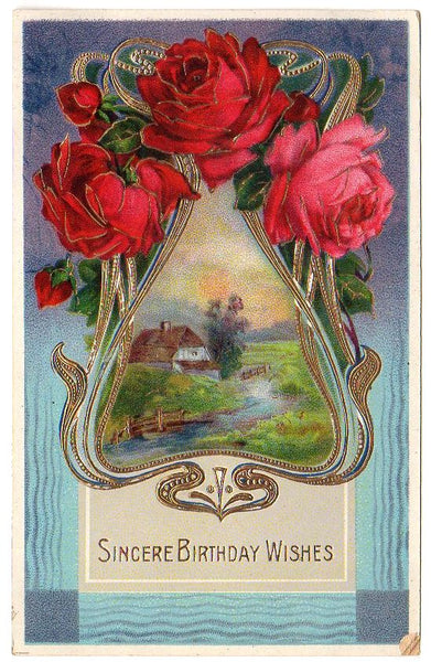 Red Roses Farm Scene Vintage Birthday Wishes Postcard Gold Metallic Germany - Avid Vintage