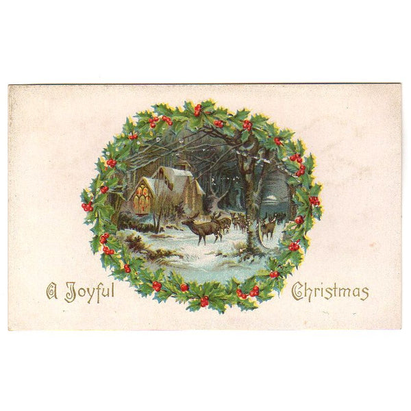 Reindeer in Snowy Church Scene Vintage Joyful Christmas Embossed Postcard - Avid Vintage