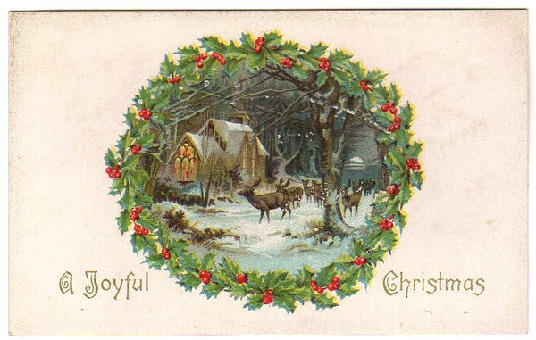 Reindeer in Snowy Church Scene Vintage Joyful Christmas Embossed Postcard - Avid Vintage