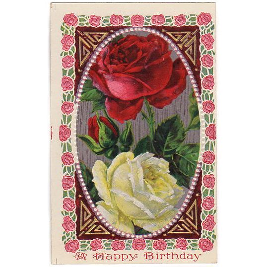 Pink Rose Border Antique Happy Birthday Embossed Postcard  White Red - Avid Vintage