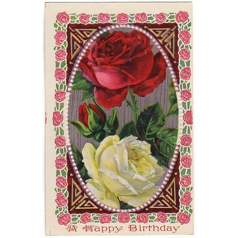 Pink Rose Border Antique Happy Birthday Embossed Postcard  White Red - Avid Vintage