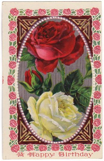 Pink Rose Border Antique Happy Birthday Embossed Postcard  White Red - Avid Vintage