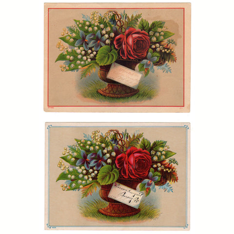 Antique 1880s Victorian Reward of Merit Cards Red Rose and Lily of the Valley Bouquets - Avid Vintage