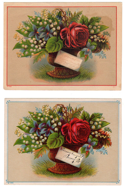 Antique 1880s Victorian Reward of Merit Cards Red Rose and Lily of the Valley Bouquets - Avid Vintage