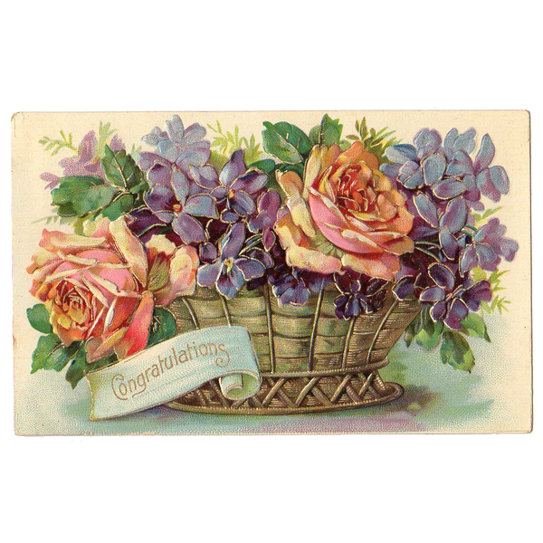 Rose Bouquet in Wicker Basket Vintage Embossed Congratulations Postcard - Avid Vintage