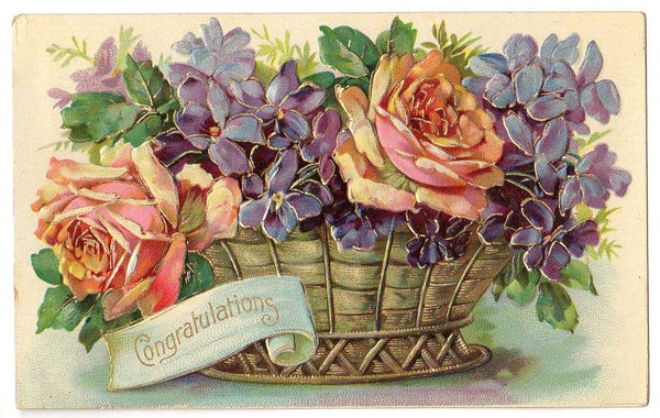 Rose Bouquet in Wicker Basket Vintage Embossed Congratulations Postcard - Avid Vintage