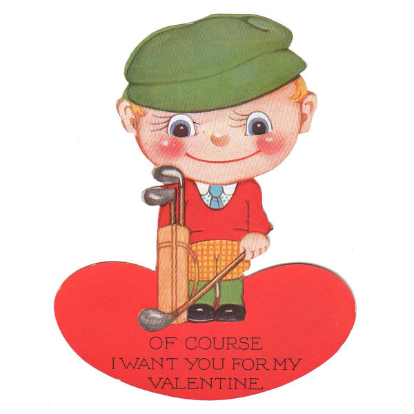 Rosy Cheeked Boy with Golf Clubs Vintage Valentine Card - Avid Vintage