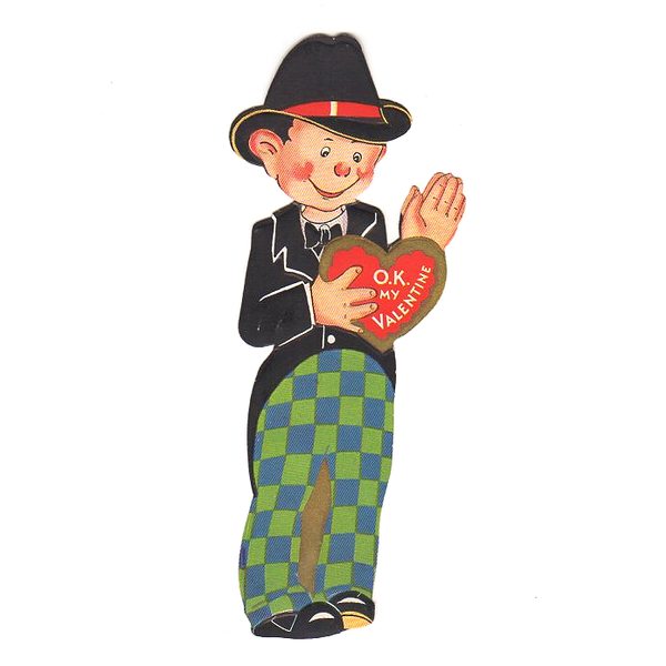 Rosy Cheeks Boy Vintage Embossed Valentine Card Black Hat Checkered Pants - Avid Vintage