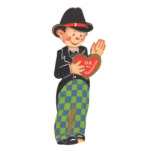 Rosy Cheeks Boy Vintage Embossed Valentine Card Black Hat Checkered Pants - Avid Vintage
