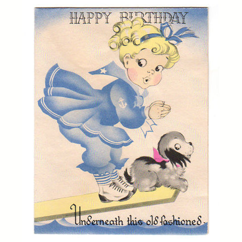 Vintage 1940s Children's Birthday Card Little Girl Dressed in Sailor Suit with Puppy - Avid Vintage