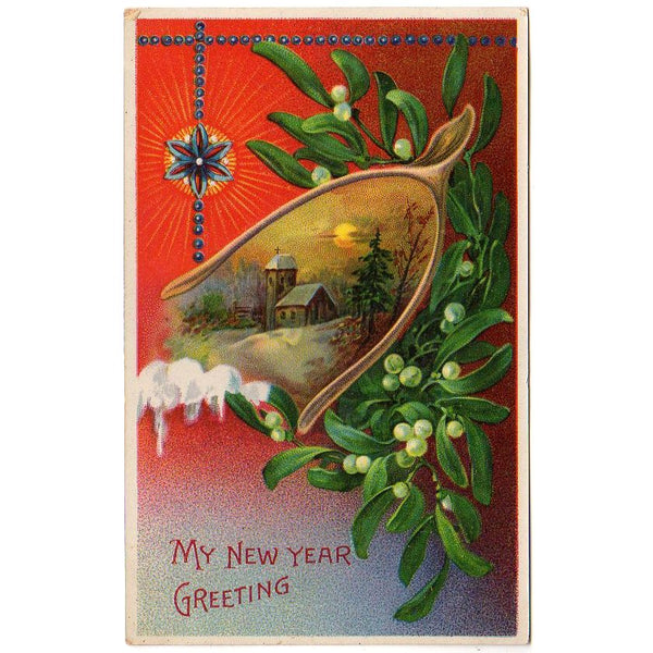 Samson Brothers Antique New Year Greetings Postcard Wishbone Snowy House Scene - Avid Vintage