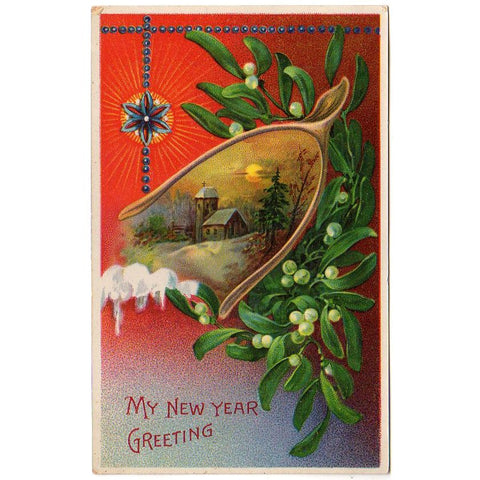 Samson Brothers Antique New Year Greetings Postcard Wishbone Snowy House Scene - Avid Vintage