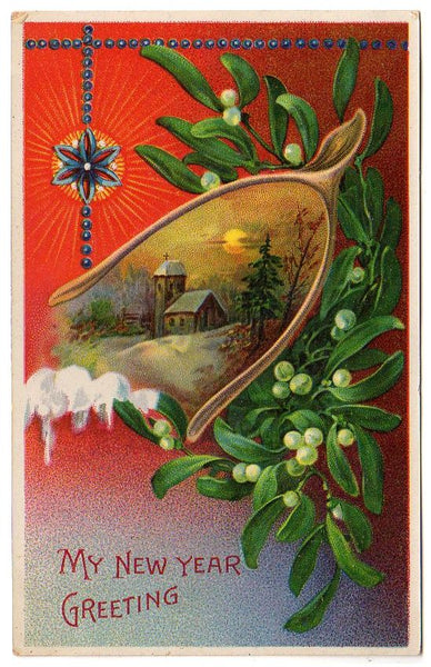 Samson Brothers Antique New Year Greetings Postcard Wishbone Snowy House Scene - Avid Vintage