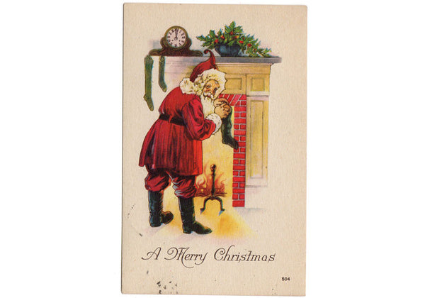 Vintage 1910s Santa Claus Postcard Filling Stocking at Fireplace - Avid Vintage