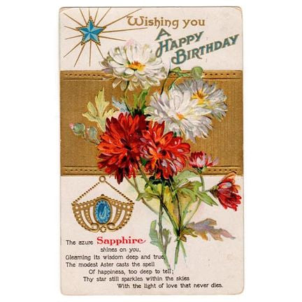 September Birthday Sapphire Birthstone Vintage 1910s Postcard Red Aster Flower