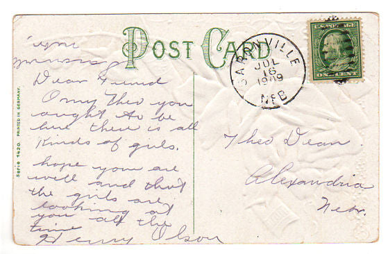 Antique 1900s Embossed Pink Rose Postcard Here I am in Saronville Nebraska - Avid Vintage