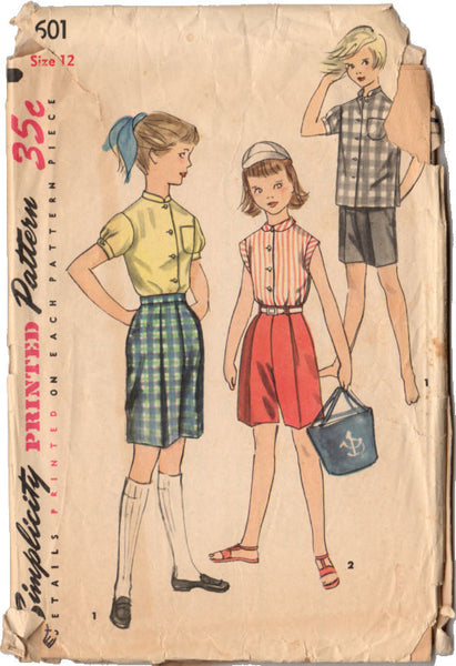 Vintage 1950s Girls Bermuda Shorts Pattern Short Sleeve Shirt Simplicity Sewing Pattern 1601 - Avid Vintage