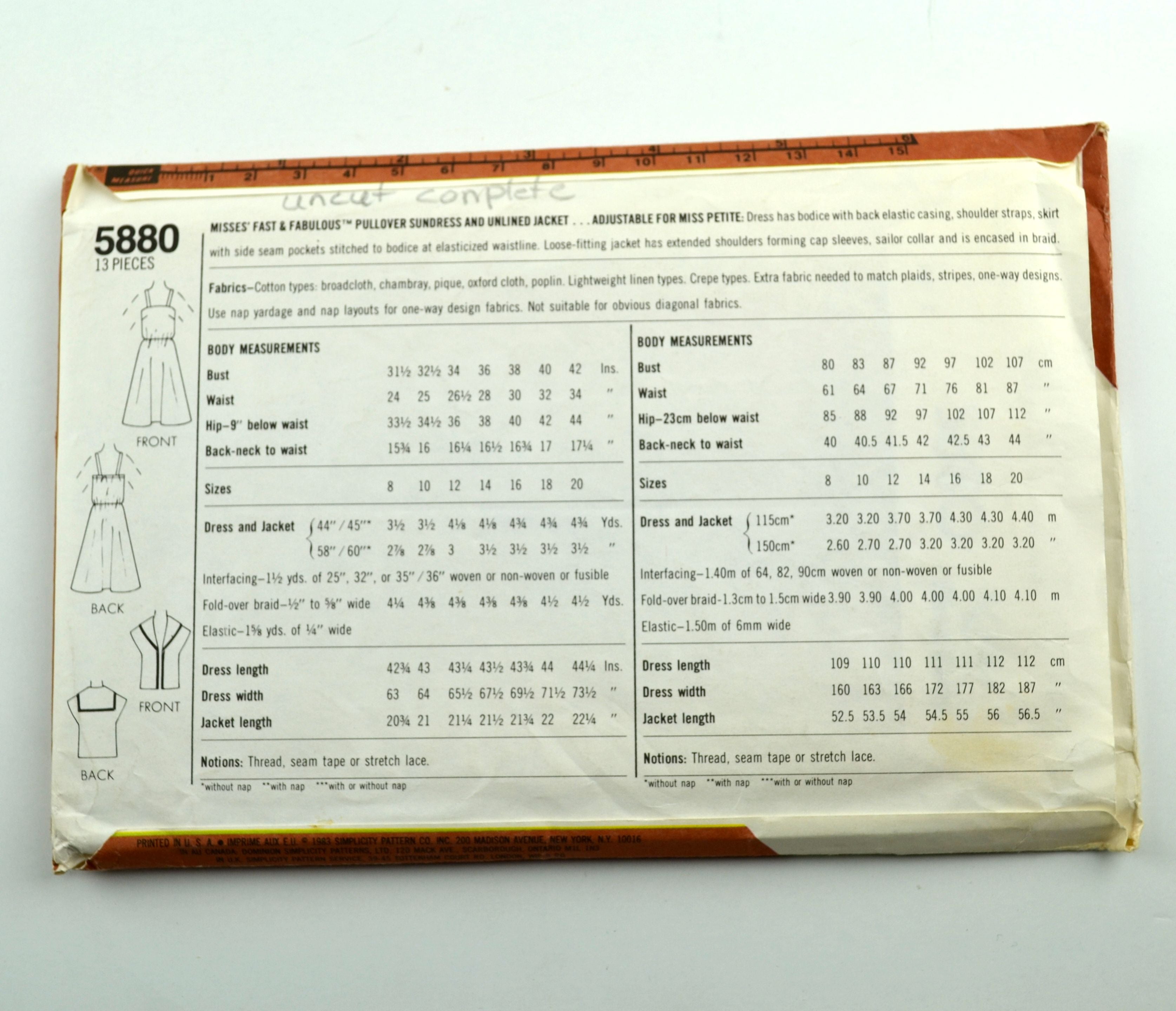 Simplicity 5880 Fast & Fabulous Ladies Sundress Jacket 1980s Sewing Pattern - Avid Vintage