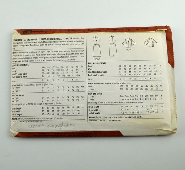 Simplicity 6274 Womens Dress and Jacket Vintage 1983 Sewing Pattern - Avid Vintage