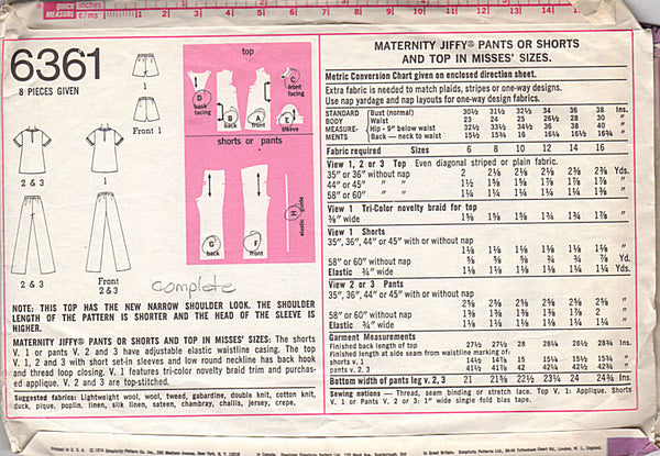 Vintage 1970's Size 12 Maternity Pants Shorts and Top Simplicity Sewing Pattern 6361 Bust 34 Hip 36 - Avid Vintage