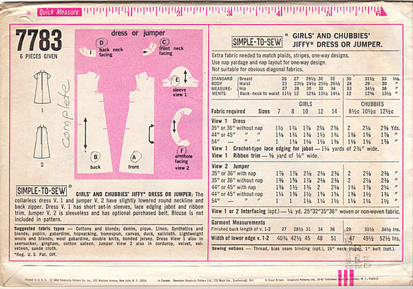 Vintage 1960s Simplicity Pattern 7783 Girls Collarless Dress and Jumper Bust 28.5 Size 10 - Avid Vintage