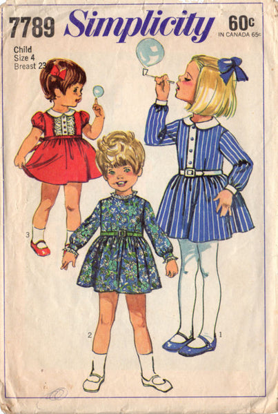 Vintage 1960s Simplicity Pattern 7789 Girls Short Dress Peter Pan Collar Bust 23 Waist 21 Size 4 - Avid Vintage